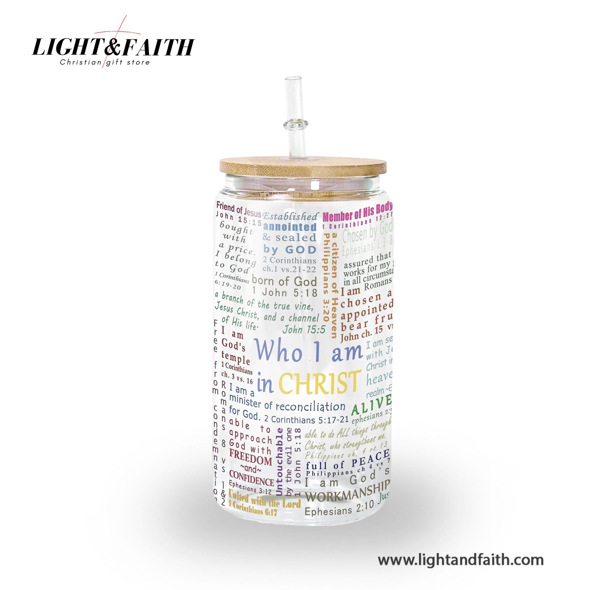 Christian Clear Glass Can with Bamboo Lid and Straw, Who I Am In Christ Bible Verse Cup, Scripture Affirmation Iced Coffee Tumbler GCLAF32